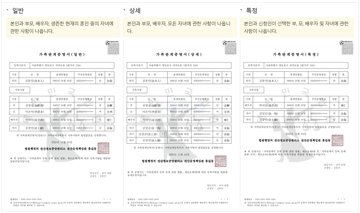 가족관계증명서 종류 선택
